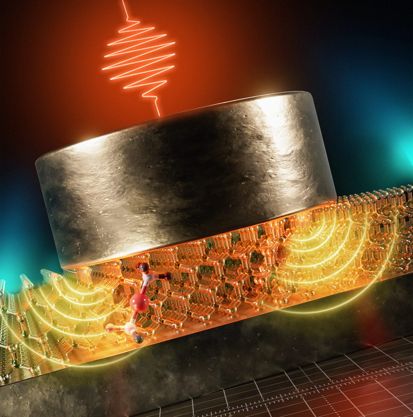 Artist's rendering of a gold nanodisk on a diamond membrane, with a picosecond light pulse arriving from above and a single silicon-vacancy emitter in the nanogap.