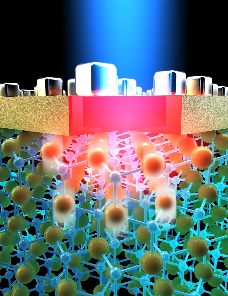 Rendering of a beam of light striking silver nanocubes on a gold film, with the crystal lattice beneath glowing.